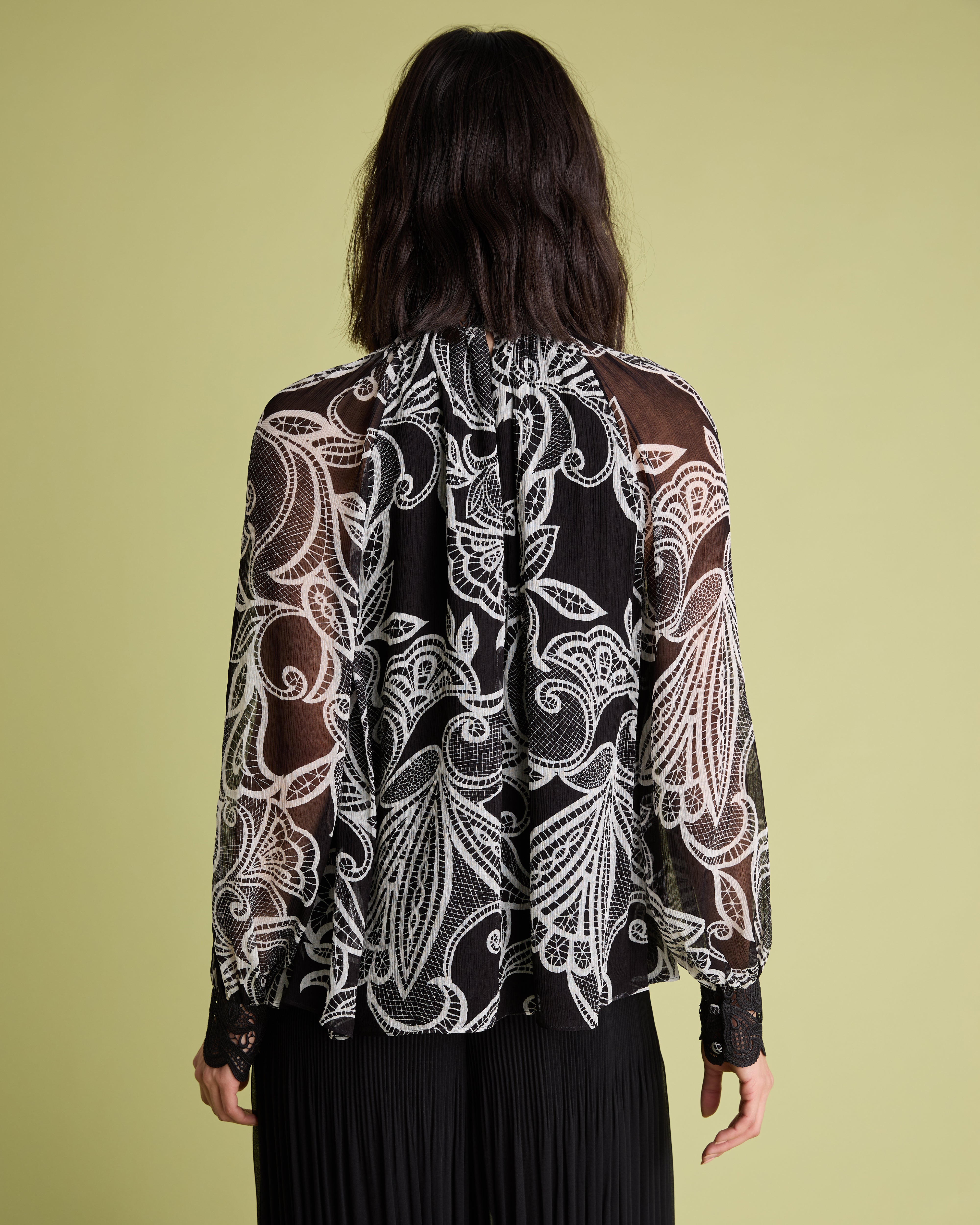 Lace Print Long Sleeve Blouse