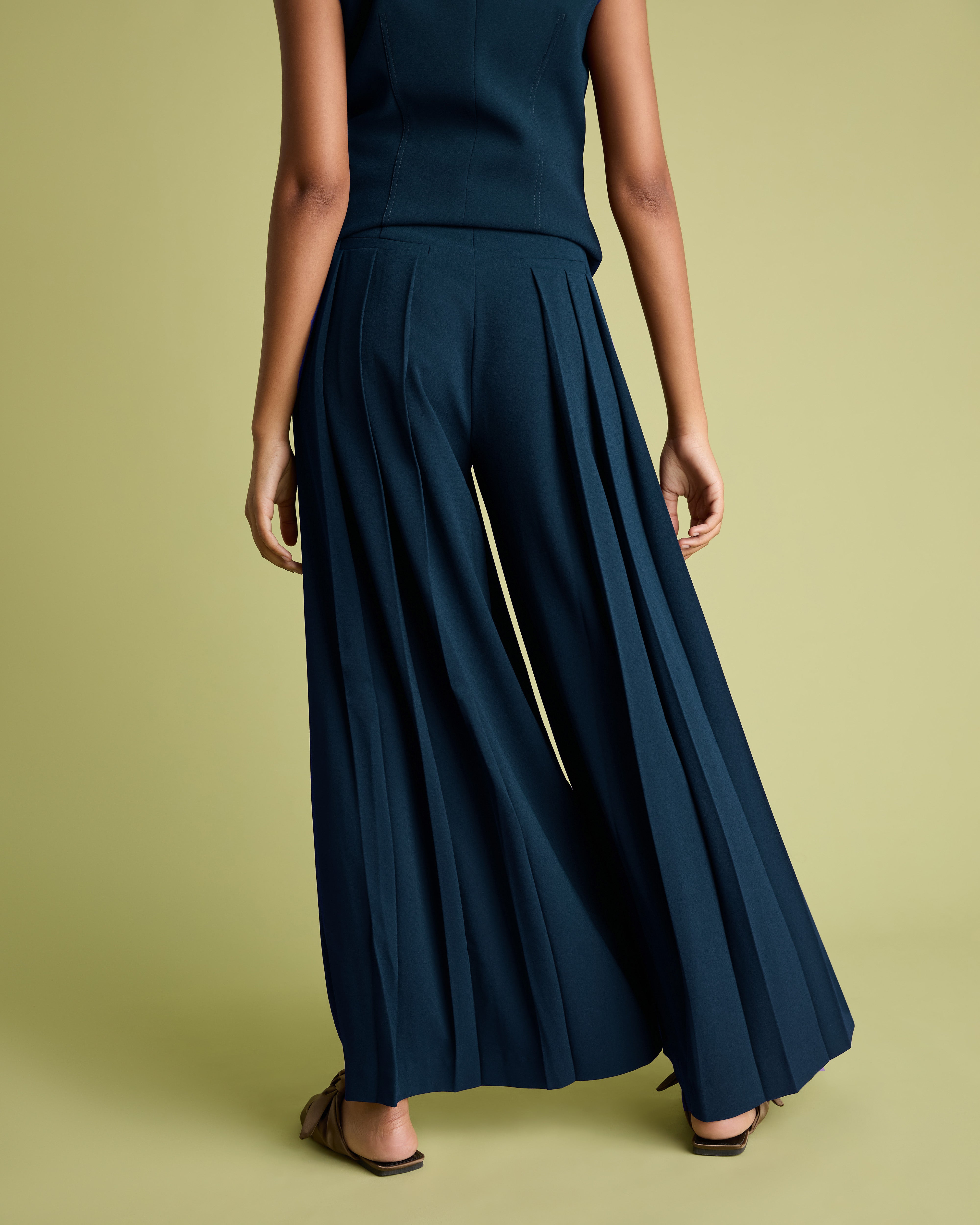 Teal Crepe Deep Pleat Wide Leg Trousers