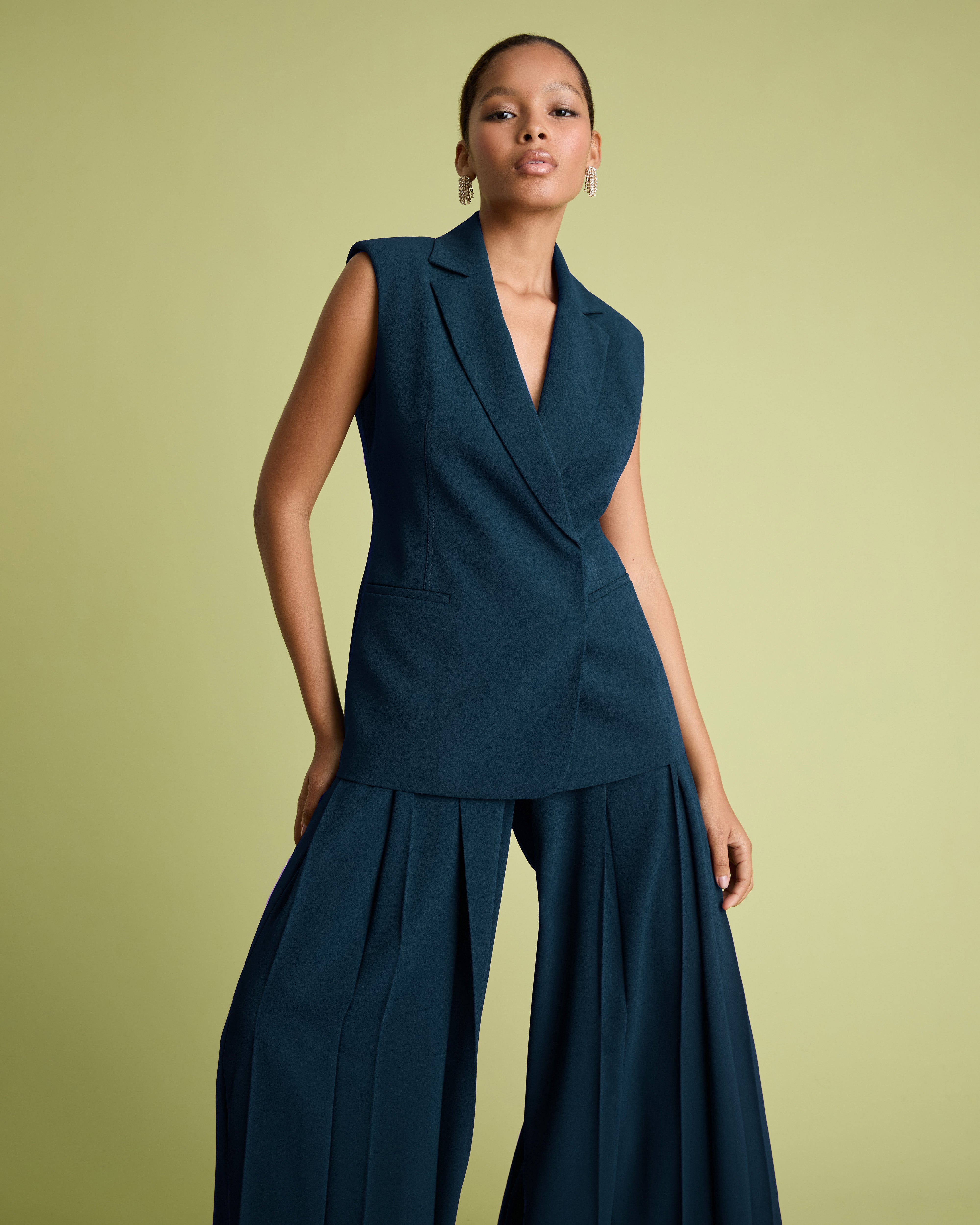 Teal Crepe Deep Pleat Wide Leg Trousers