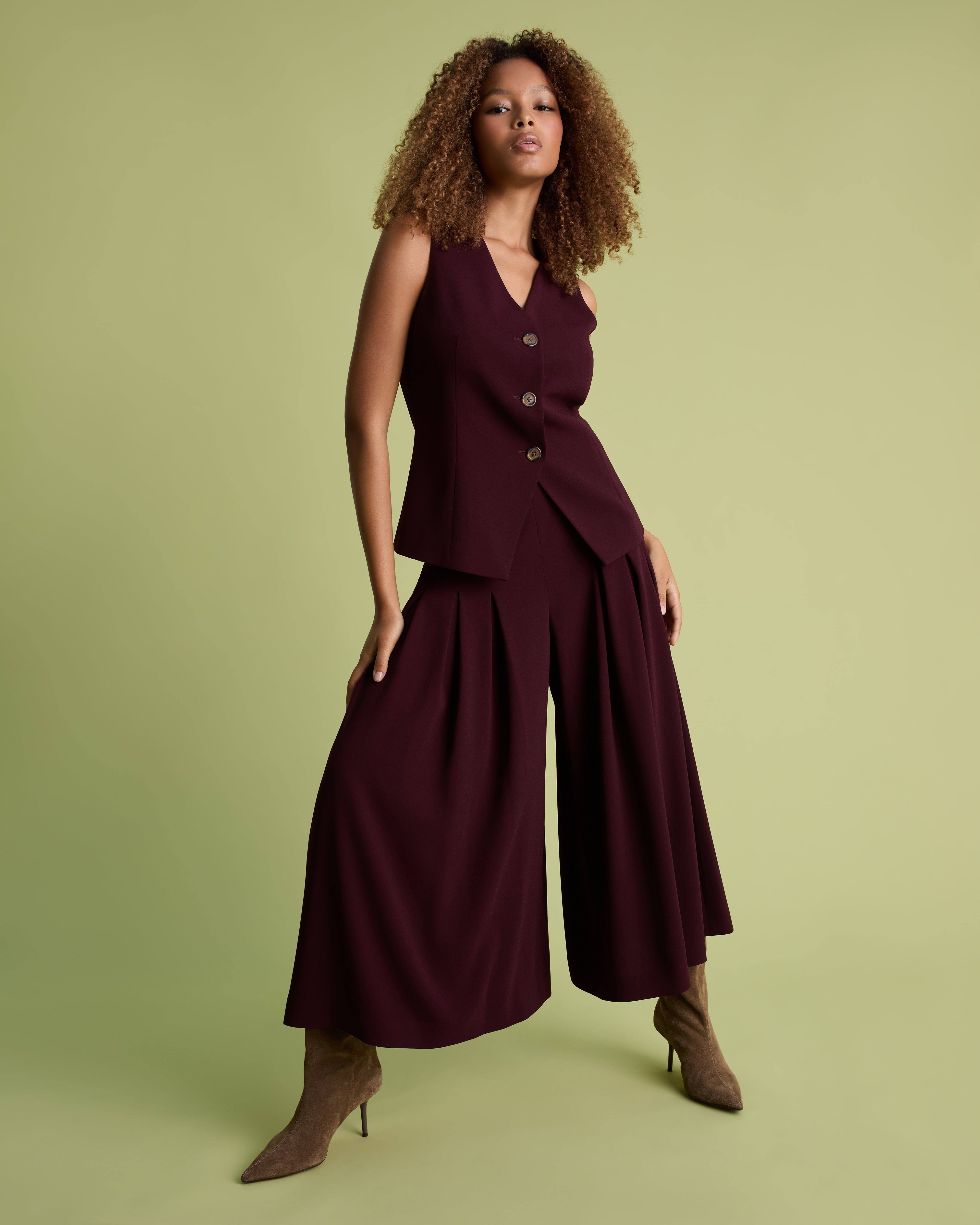 Burgundy Tailored Crepe Deep Pleat Culottes