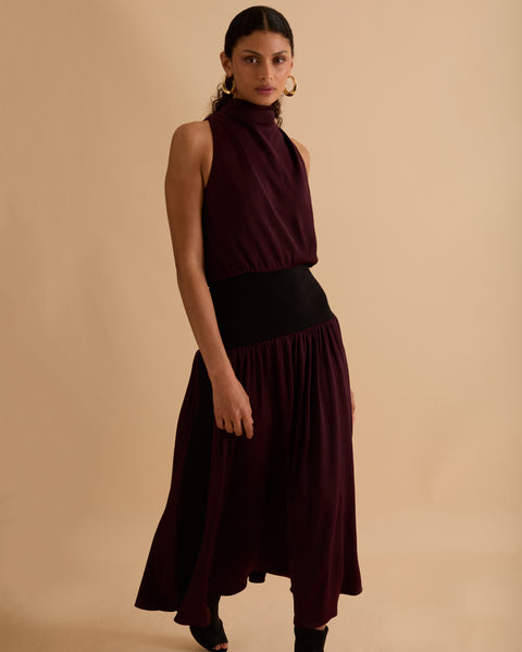 Satin & Knit Mix Cowl Midi Dress – Florere