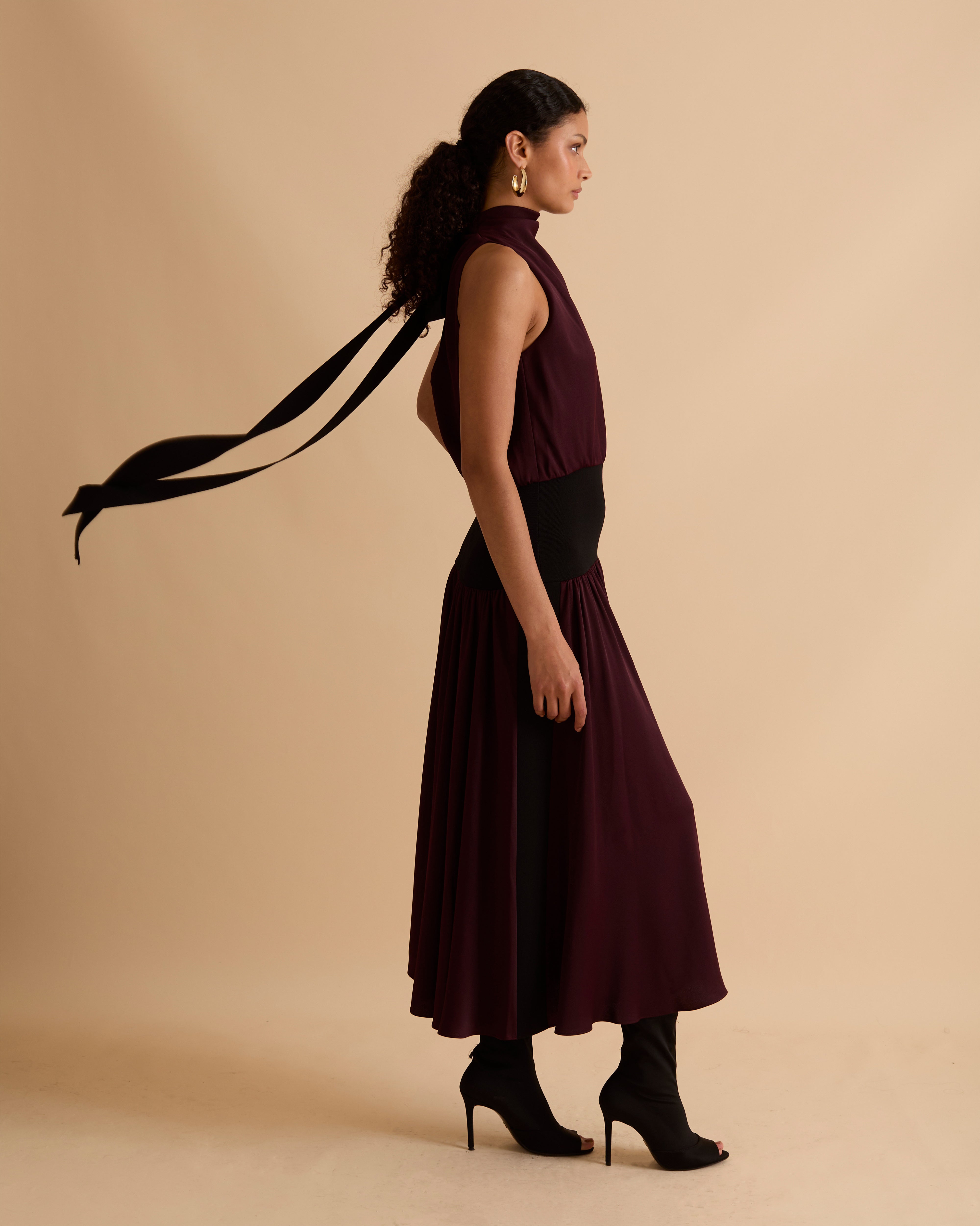 Satin & Knit Mix Cowl Midi Dress Florere Satin & Knit Mix Cowl Midi Dress Florere