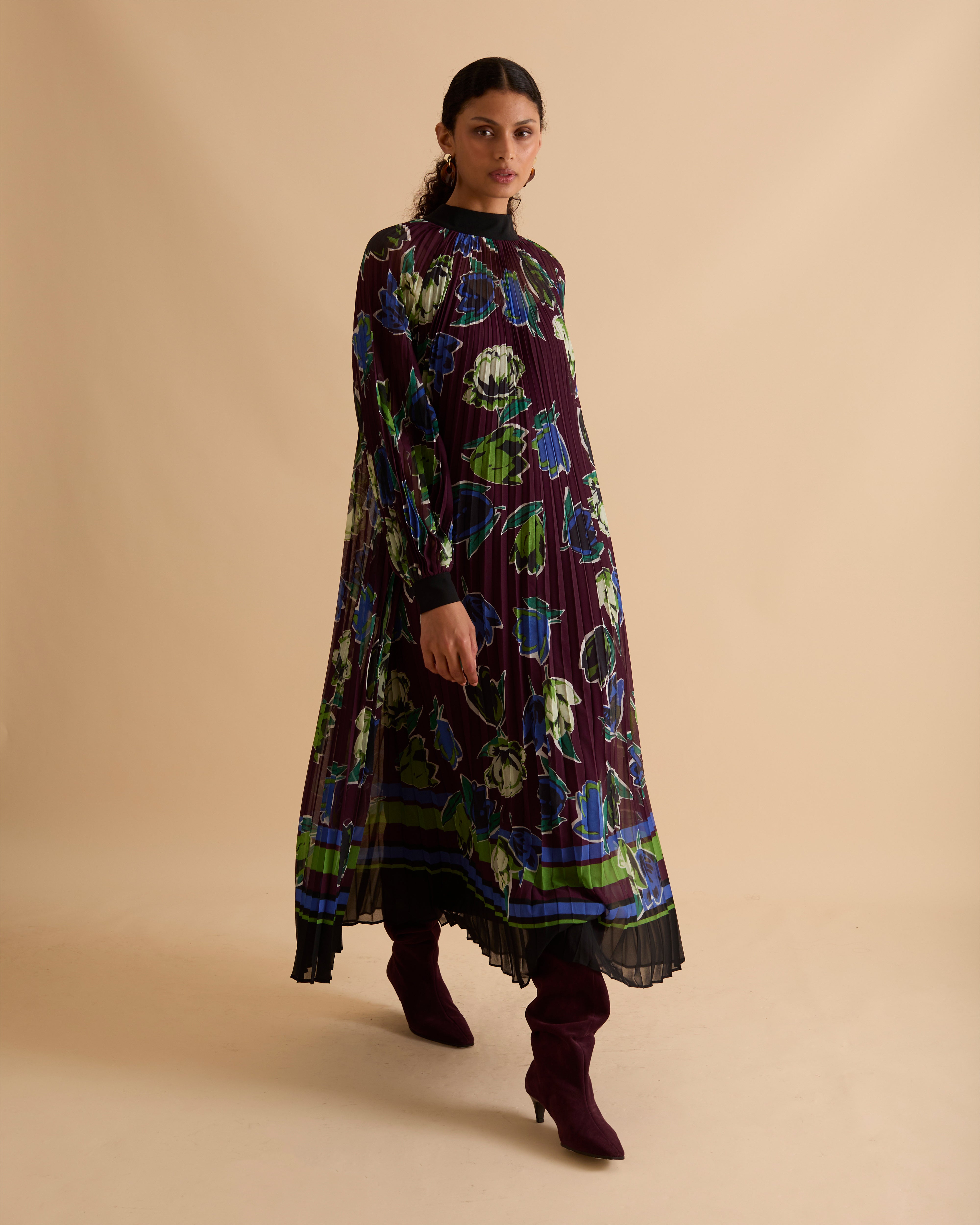 Printed High Neck Pleated Midi Dress