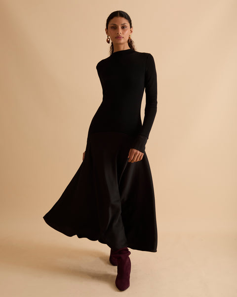 FLORERE black Knit And Woven Mix hybrid Midi Dress – Florere