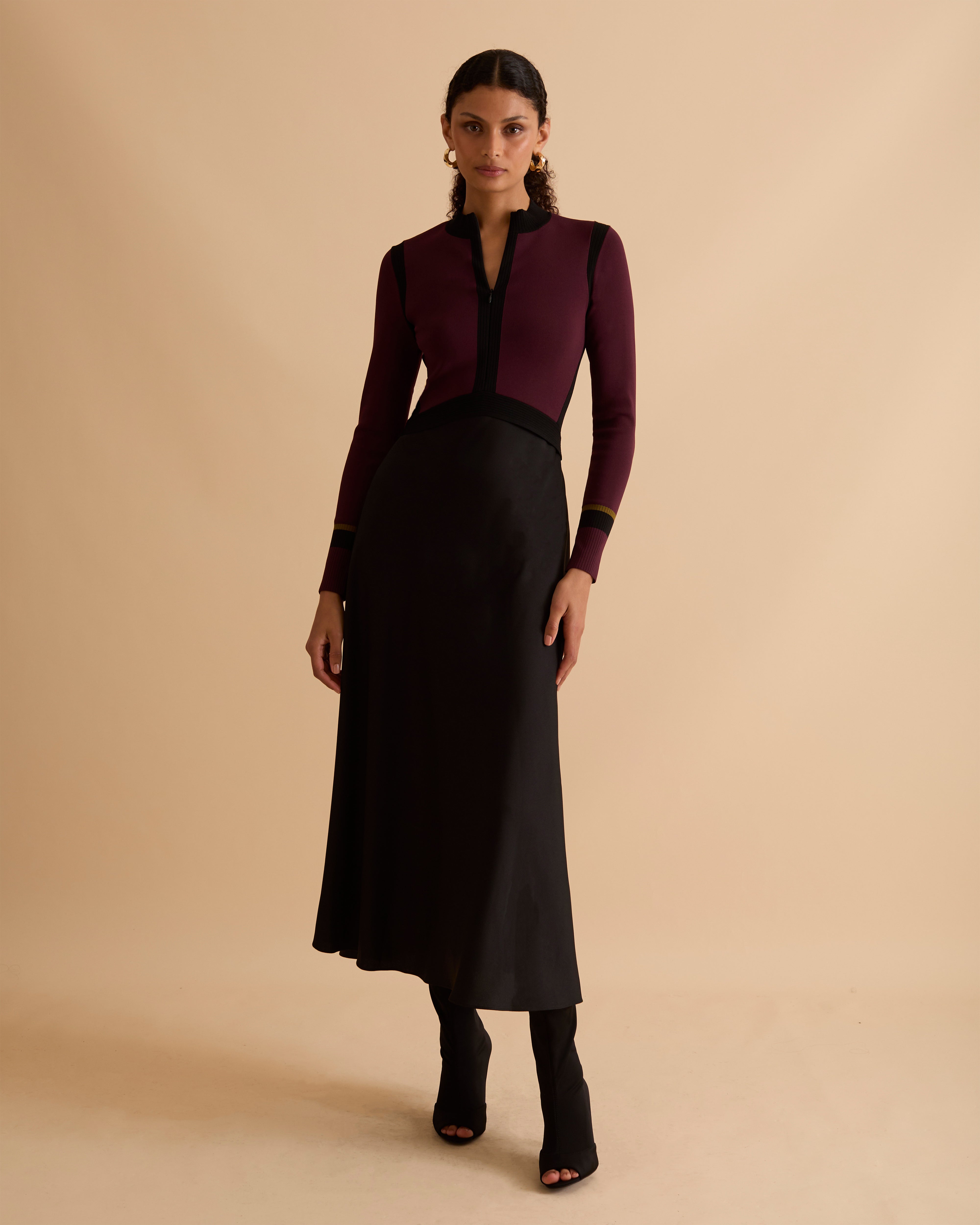 Colour Block Knit & Crepe Midi Dress