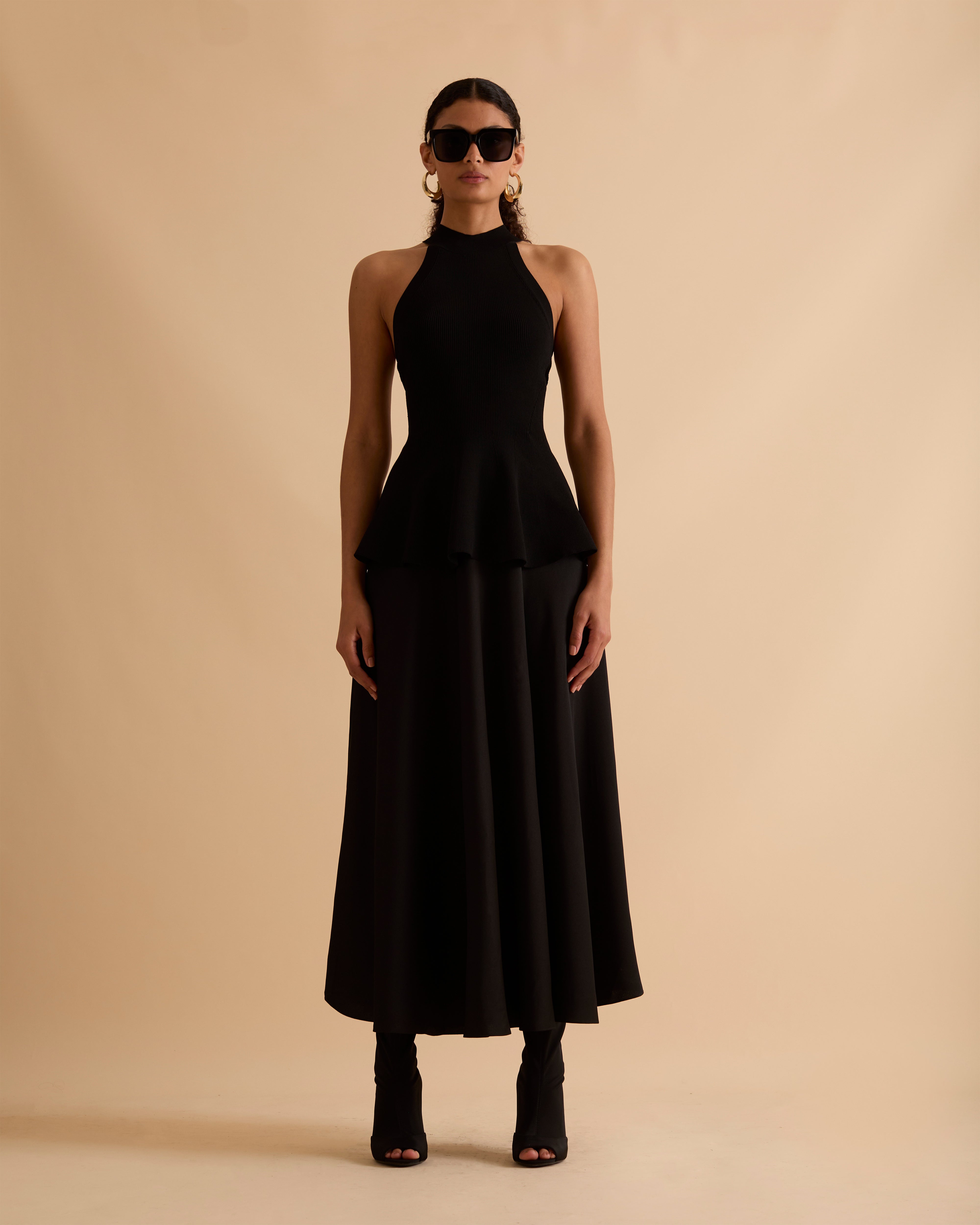 Knit & Satin Peplum Halterneck Dress