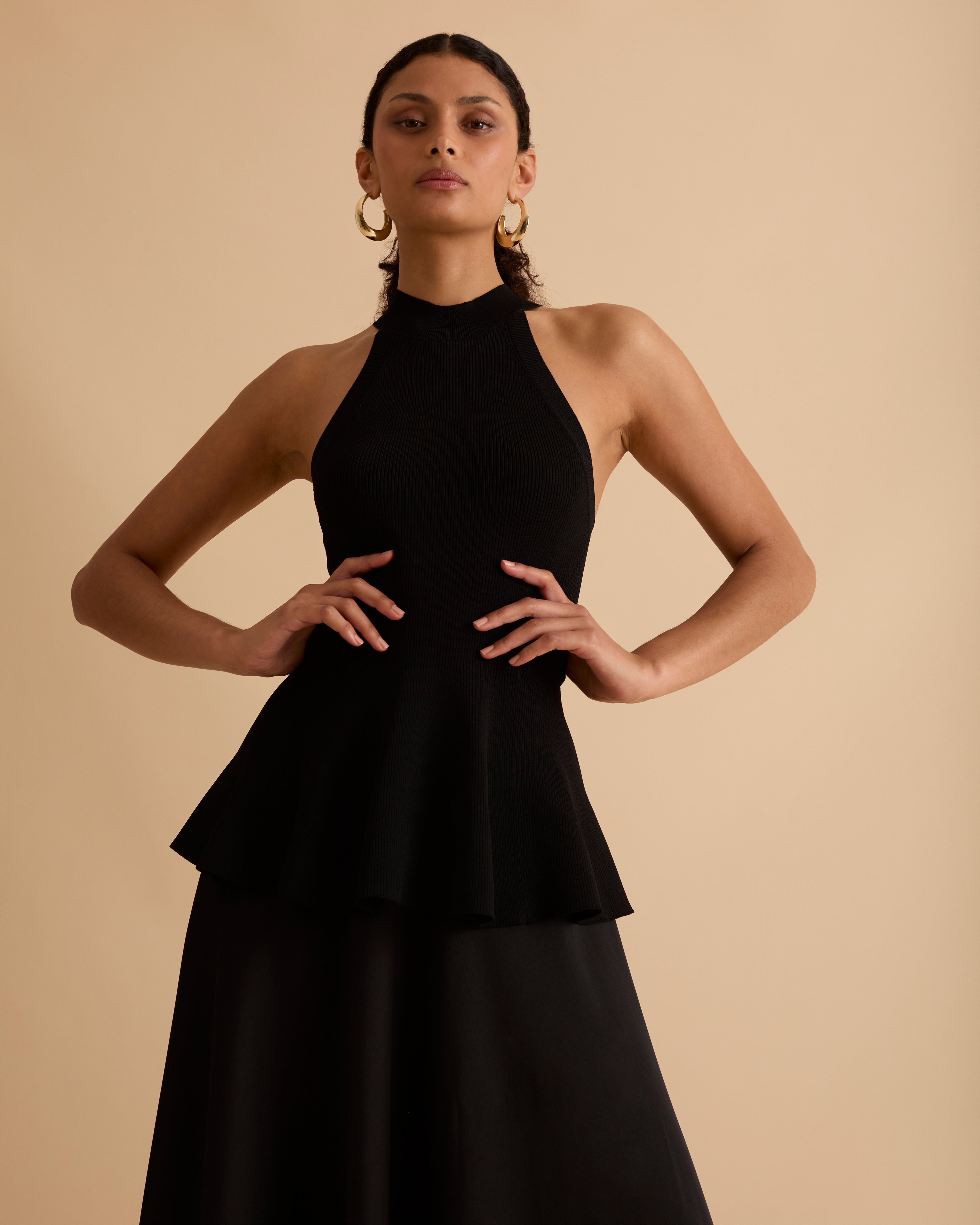 Knit & Satin Peplum Halterneck Dress