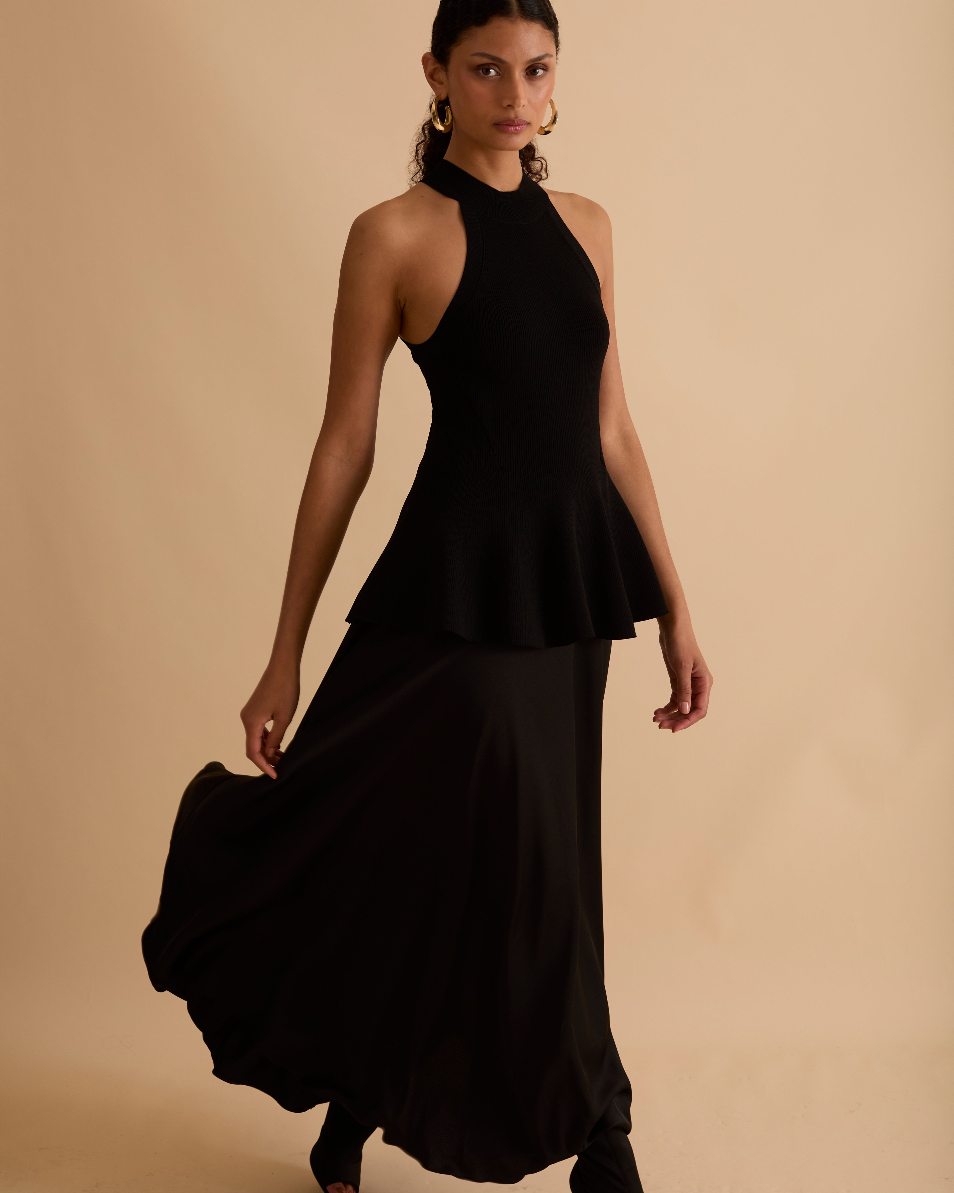 Knit & Satin Peplum Halterneck Dress