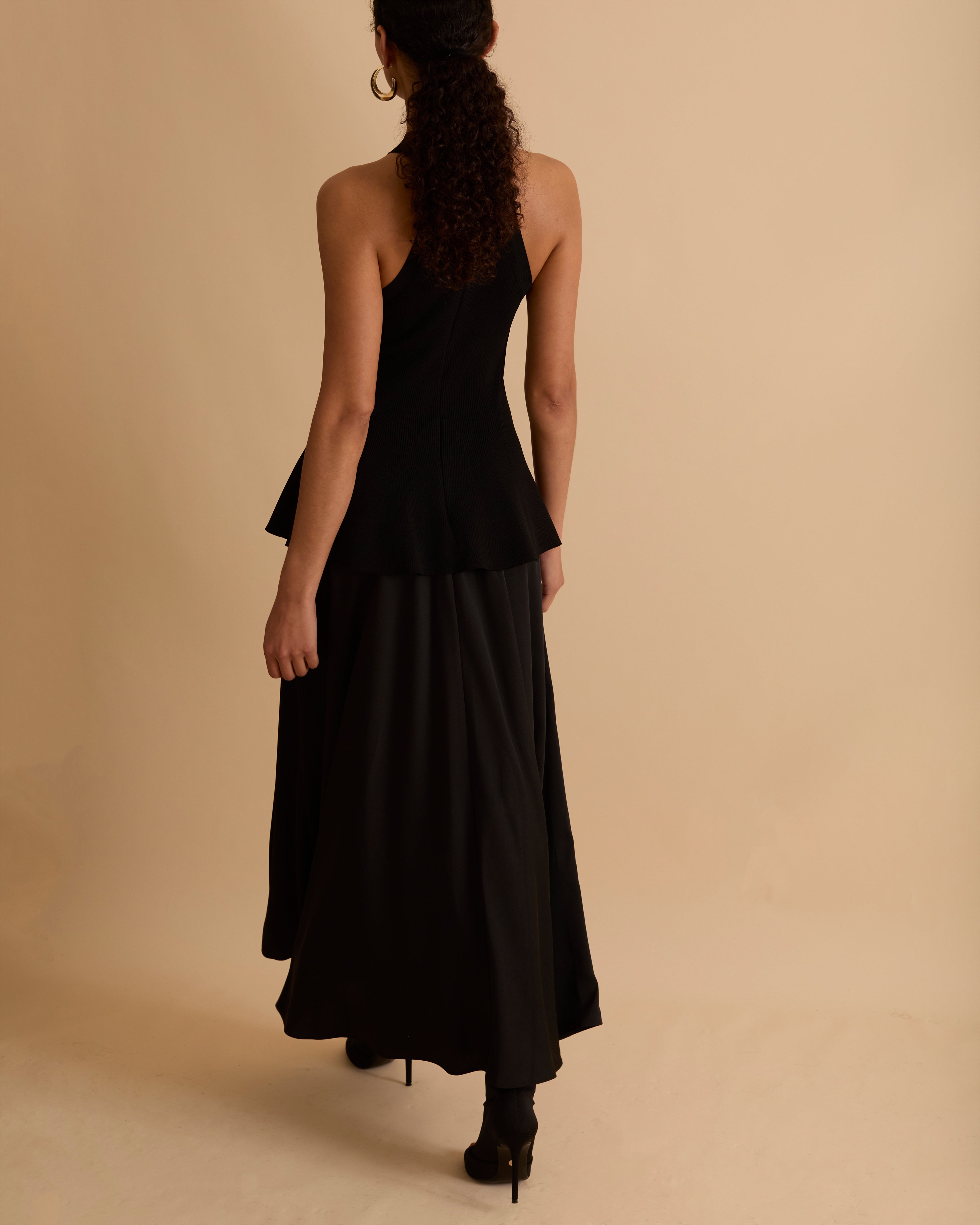 Knit & Satin Peplum Halterneck Dress