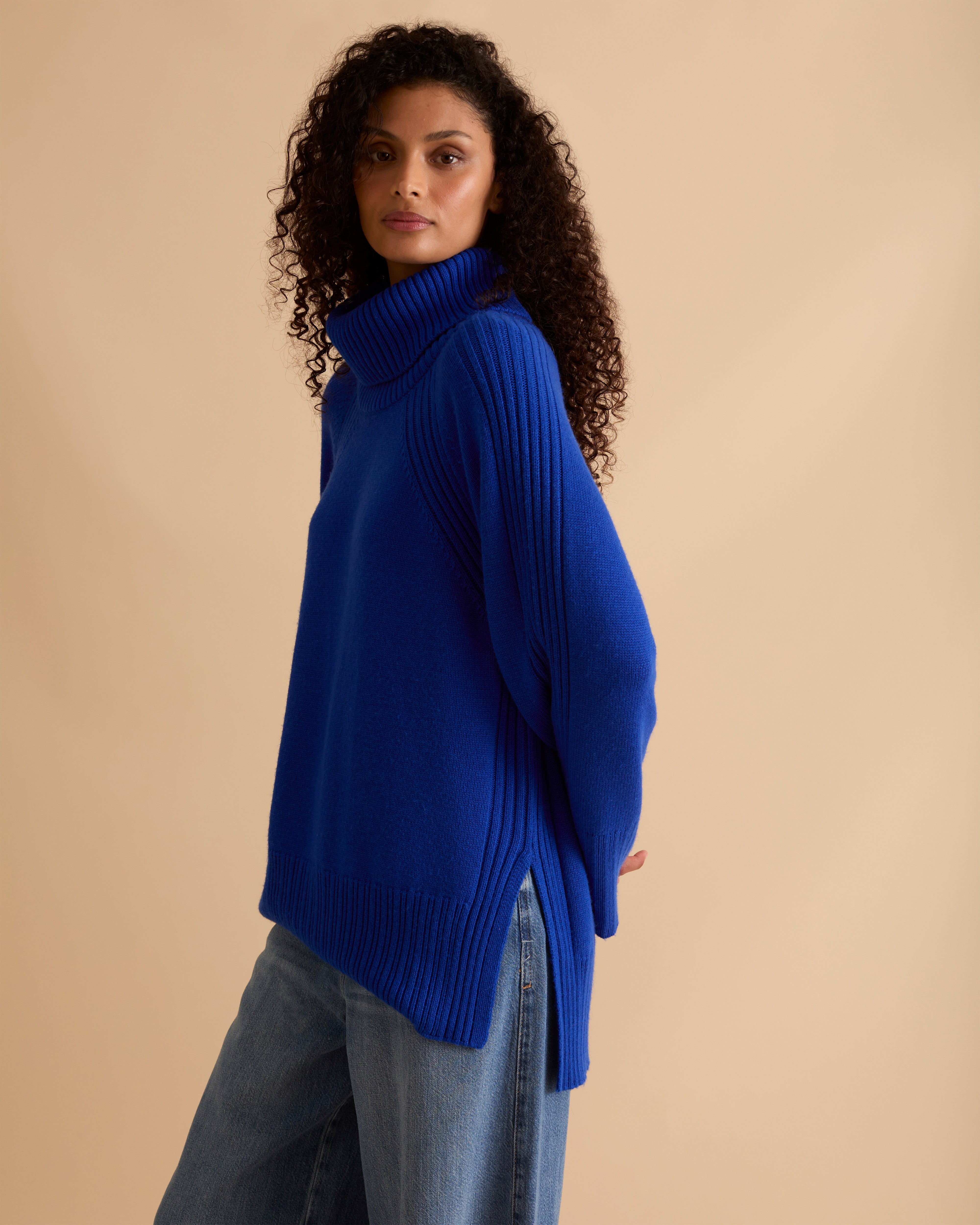 Roll Neck Rib Detail Cashmere Blend Jumper