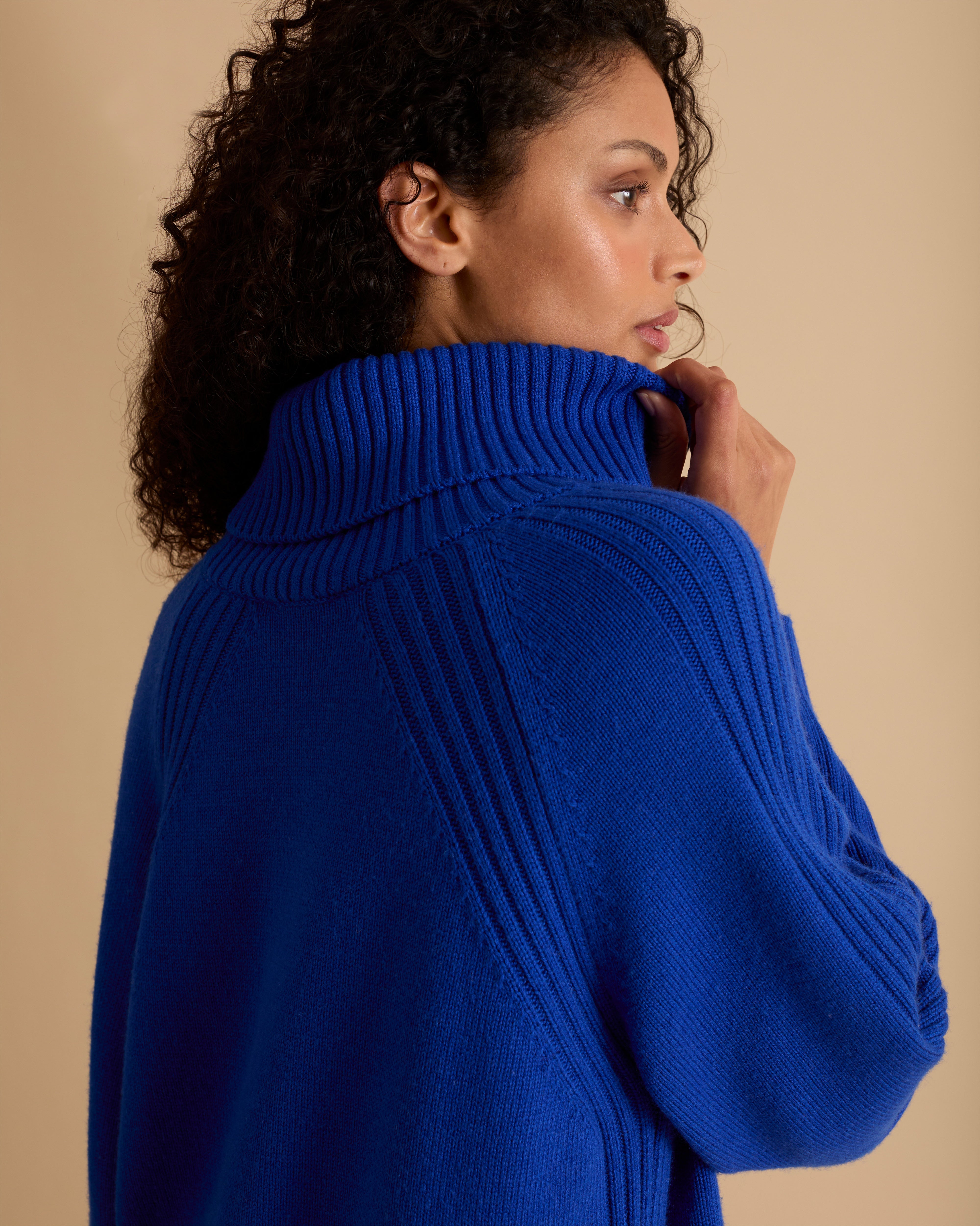 Roll Neck Rib Detail Cashmere Blend Jumper