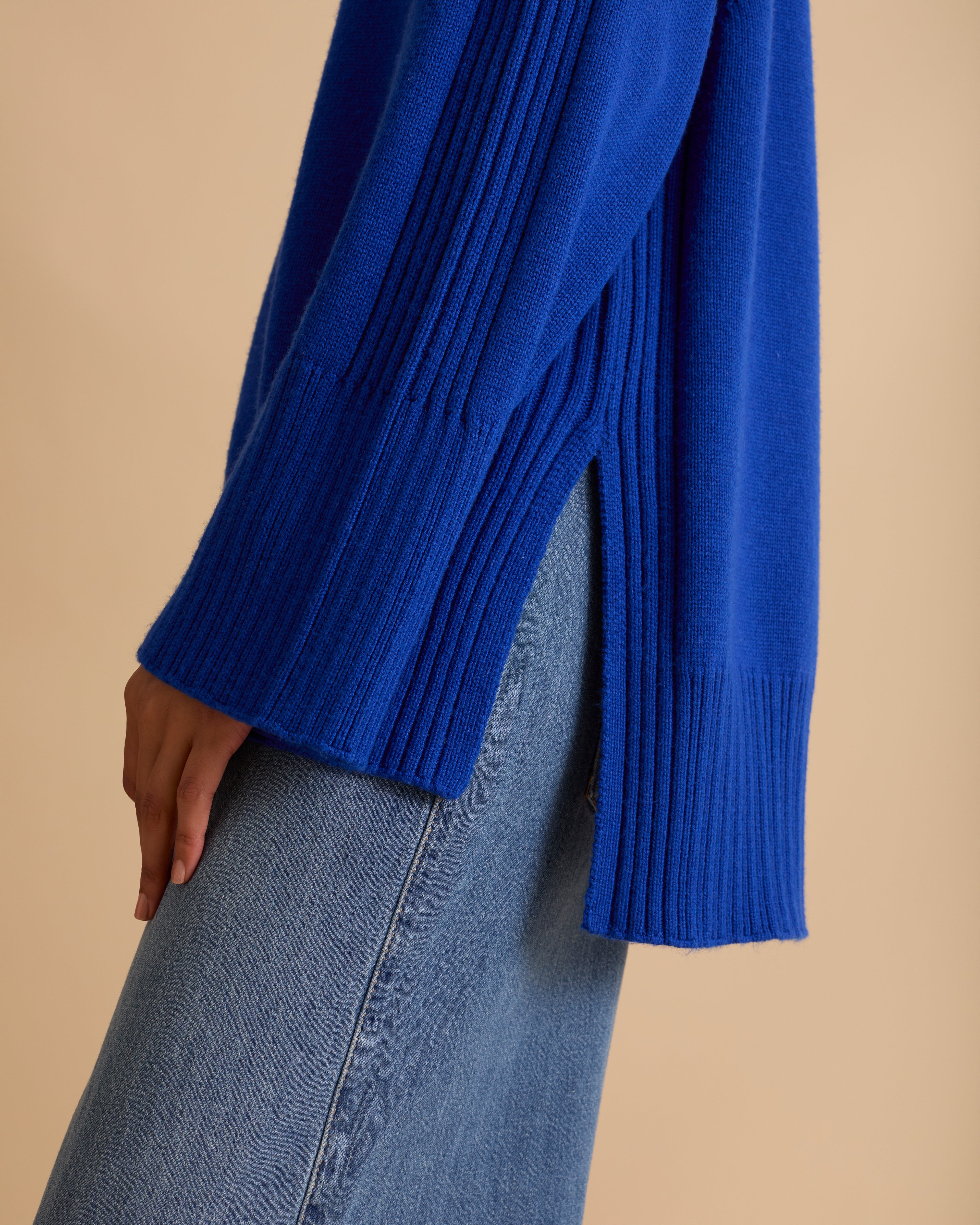 Roll Neck Rib Detail Cashmere Blend Jumper